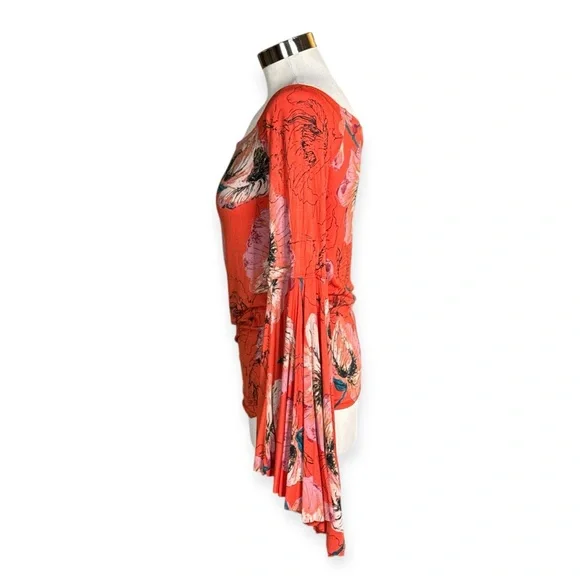 FREE PEOPLE WE THE FREE ORANGE FLORAL OFF THE SHOULDER BELL SLEEVE FITTED TOP - Picture 4 of 15